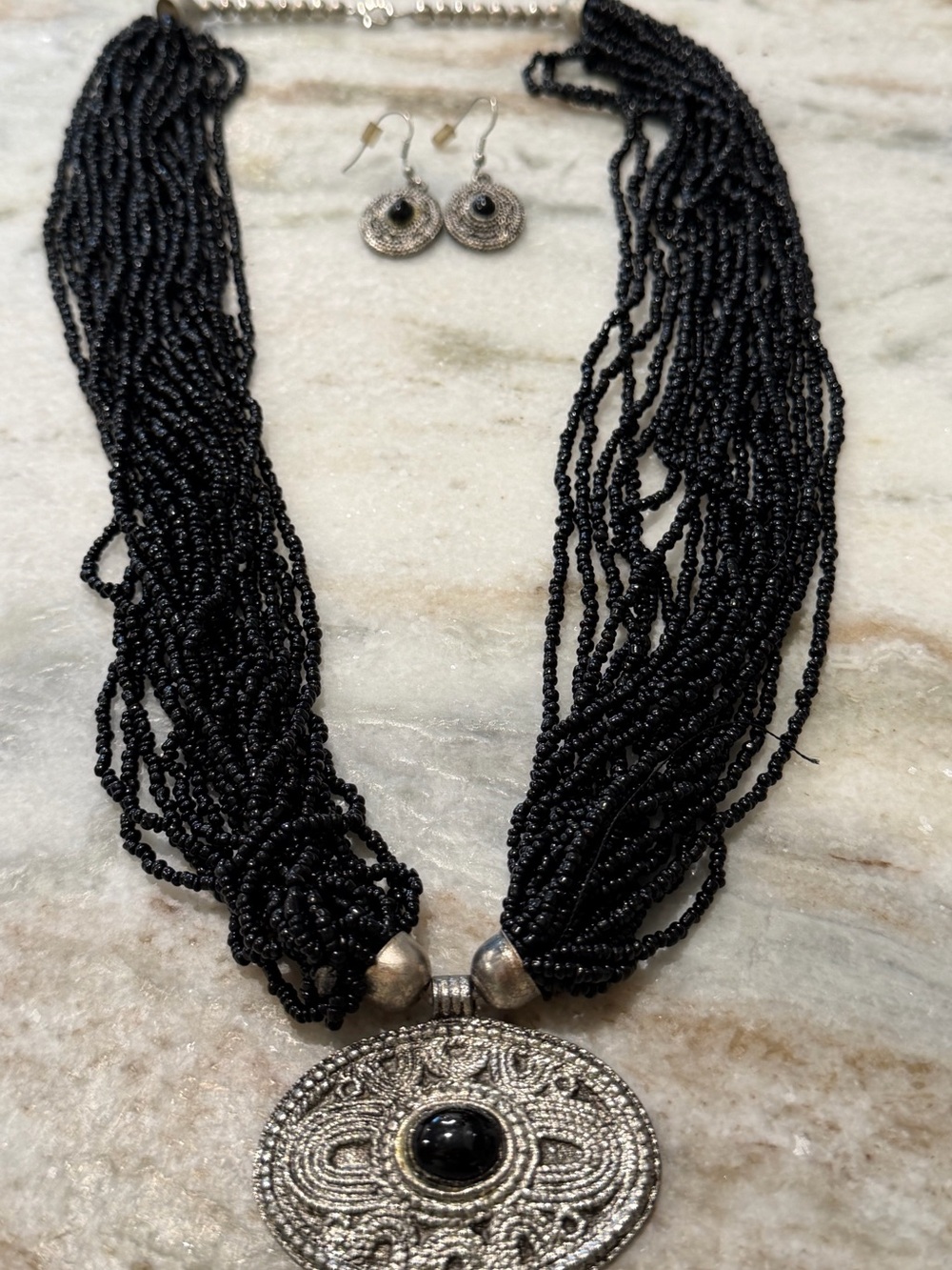 Handcrafted Black Beaded Statement Necklace with Silver Medallion